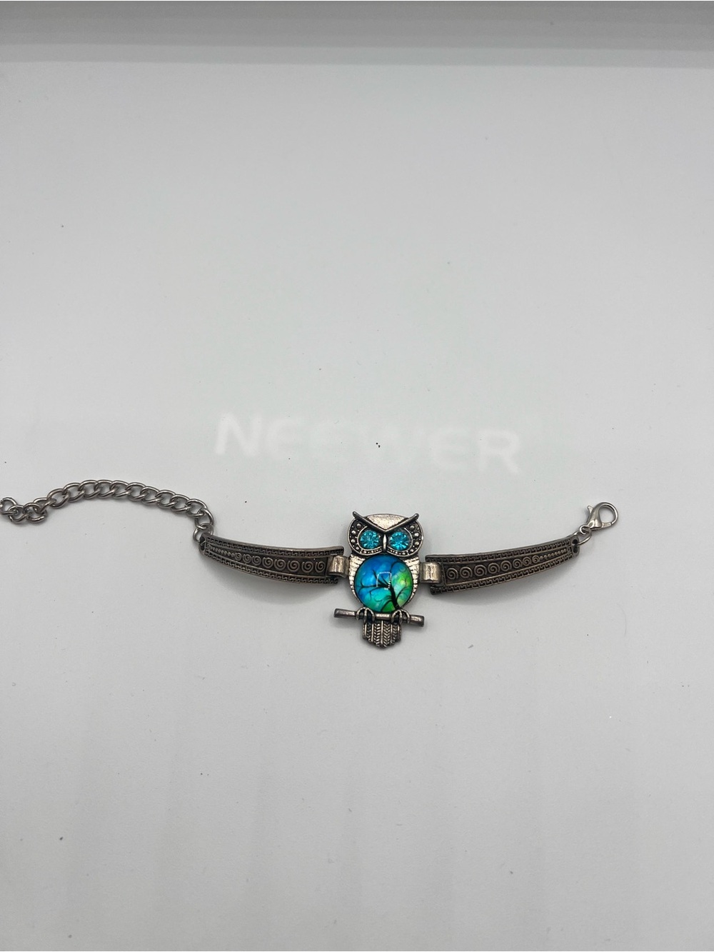 Silver Owl Bracelet with Blue-Green Glass Accent
